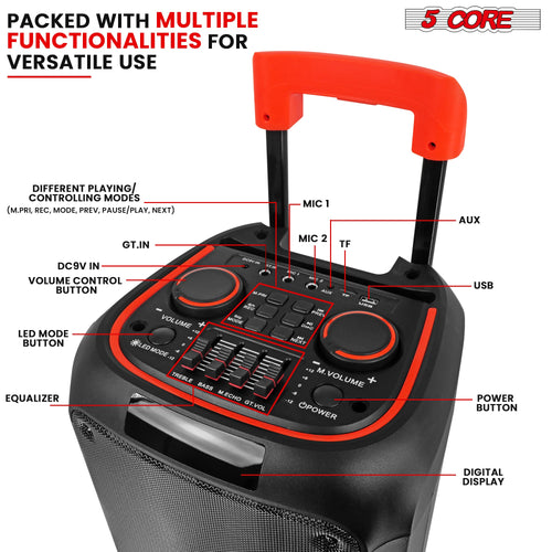 5Core Bluetooth Party Speaker 8 inch PA RGB Partybox Karaoke Machine + 2 Wireless Mic